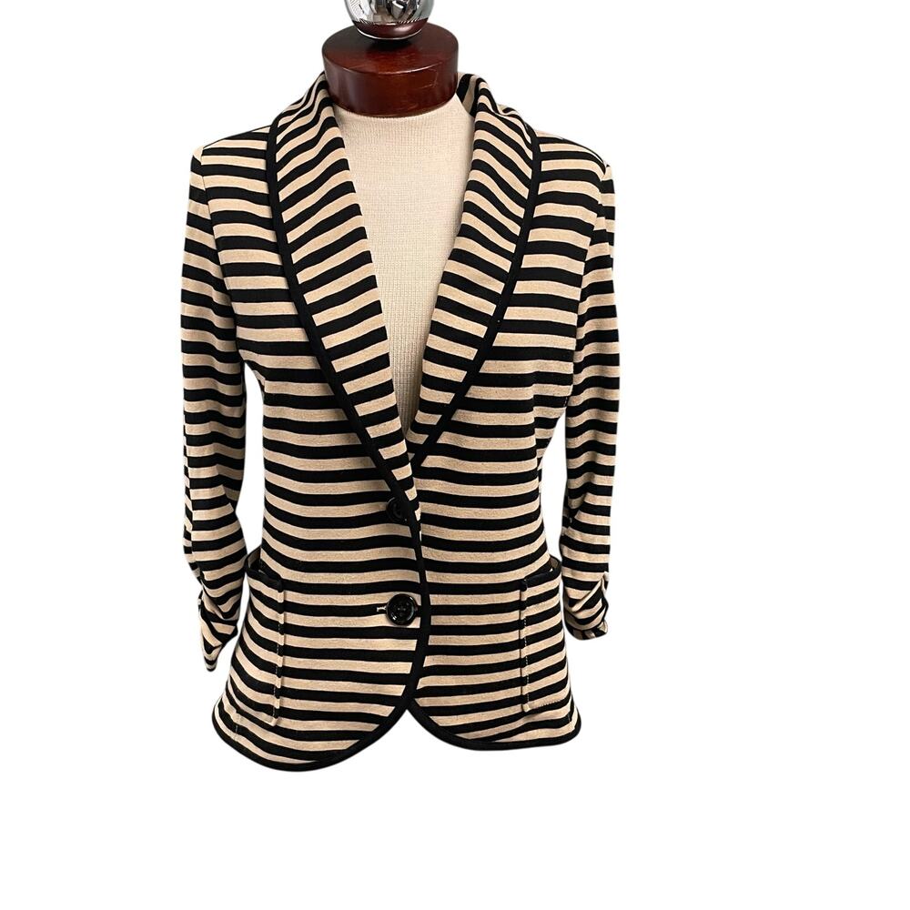 Karen Kane Striped Knit Stretch Blazer Size Small Black Tan Ruched Sleeves